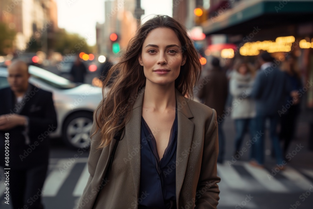 Portrait of a content woman in her 30s dressed in a stylish blazer against a busy urban street. AI Generation Portrait of a content woman in her 30s dressed in a stylish blazer against a busy urban street. AI Generation