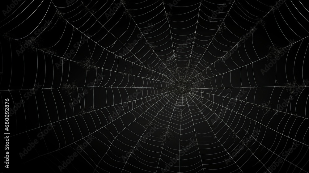 Naklejka premium white cobweb on a black background in the dark.