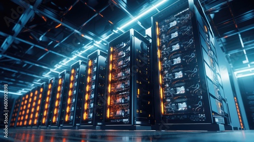 Cryptocurrency hub  Computer racks in a secure server room showcase cryptocurrency mining. Ideal for illustrating the intersection of technology  security  and digital finance