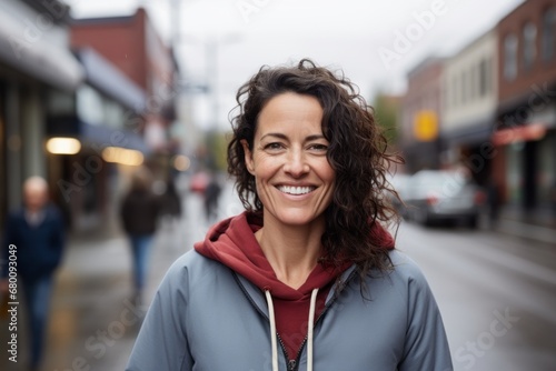 Portrait of a smiling woman in her 40s wearing a zip-up fleece hoodie against a busy urban street. AI Generation
