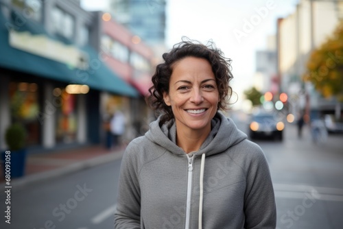 Portrait of a smiling woman in her 40s wearing a zip-up fleece hoodie against a busy urban street. AI Generation