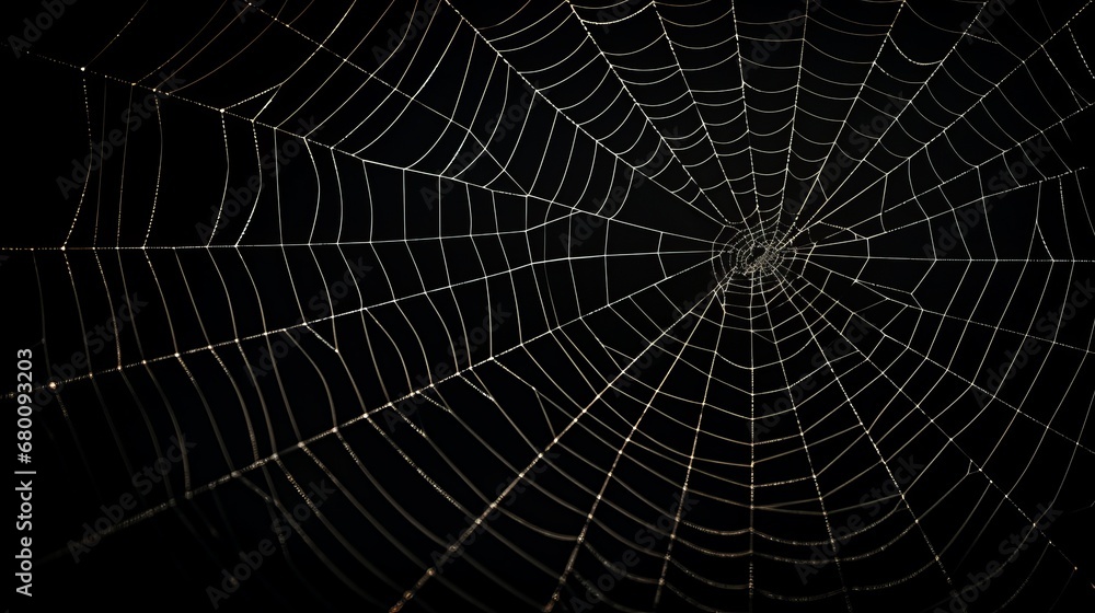 Naklejka premium white cobweb on a black background in the dark.