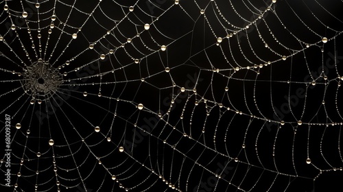 white cobweb on a black background in the dark.