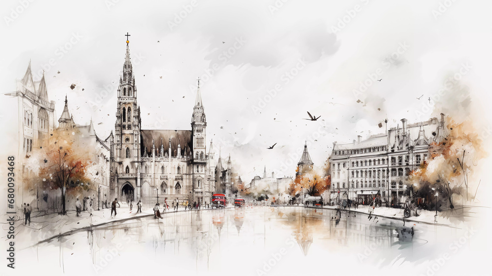 Fototapeta premium Drawing of Munich with landmark and popular for tourist attractions