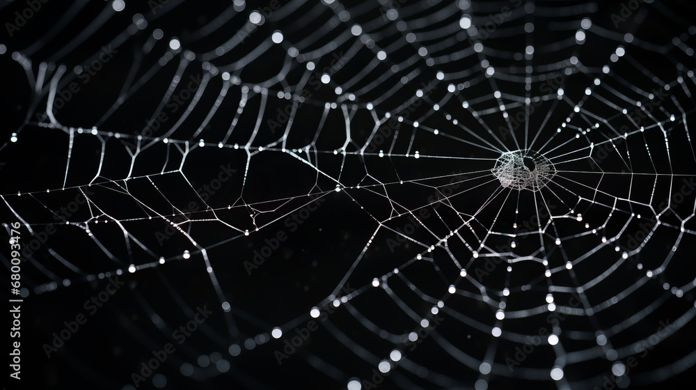 Fototapeta premium white cobweb on a black background in the dark.
