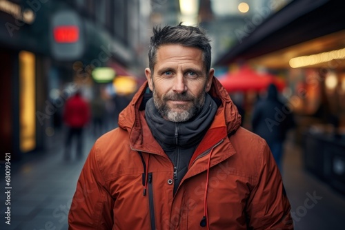 Portrait of a content man in his 40s wearing a windproof softshell against a busy urban street. AI Generation © CogniLens