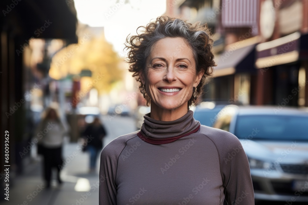 Portrait of a cheerful woman in her 50s sporting a long-sleeved thermal undershirt against a busy urban street. AI Generation Portrait of a cheerful woman in her 50s sporting a long-sleeved thermal undershirt against a busy urban street. AI Generation