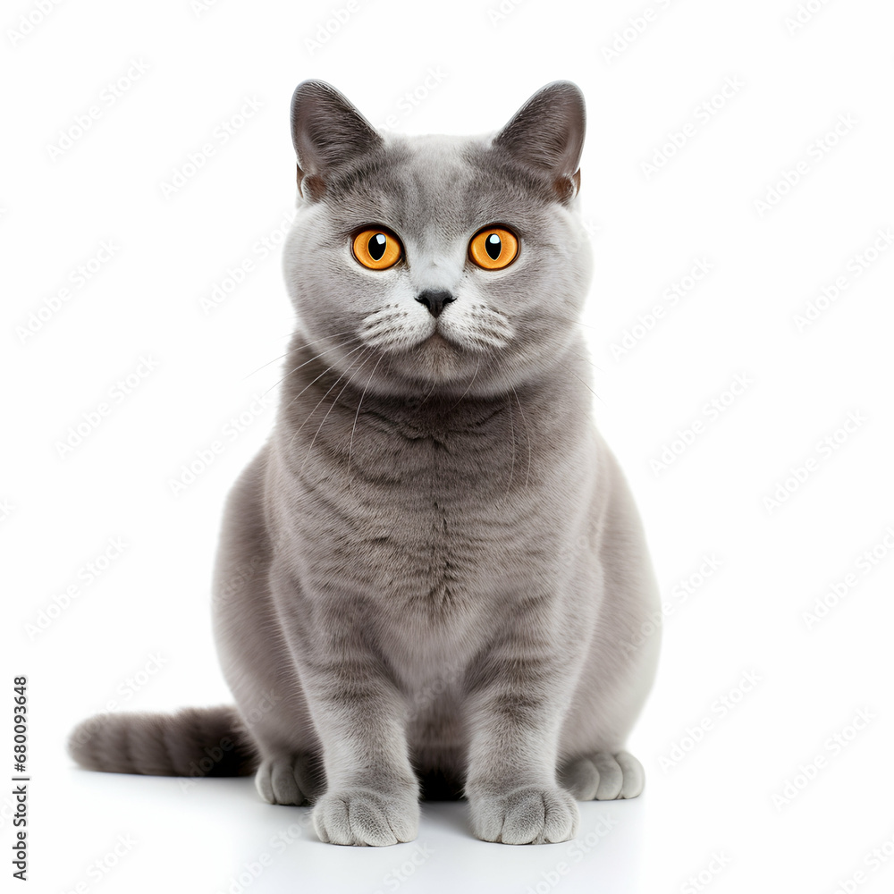 Blue British shorthair cat sitting isolated on a white background, generative ai