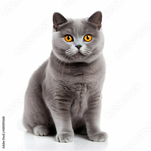 Blue British shorthair cat sitting isolated on a white background, generative ai