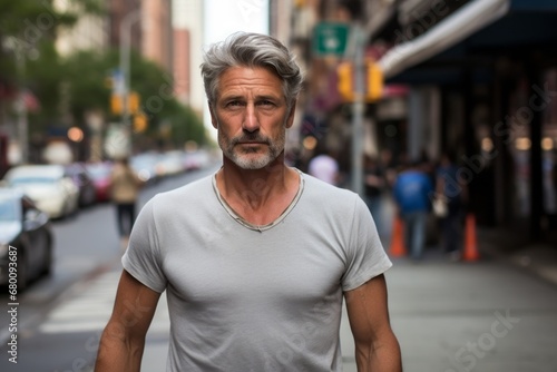 Portrait of a glad man in his 50s donning a trendy cropped top against a busy urban street. AI Generation