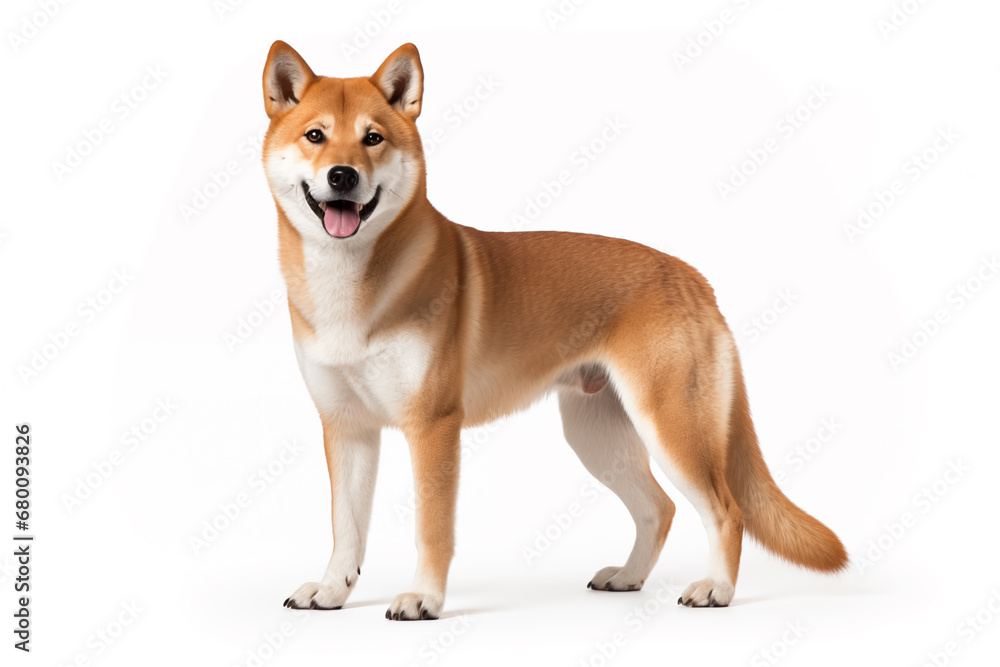 Shiba Inu dog standing alert and poised, its eyes gleaming with intelligence and curiosity