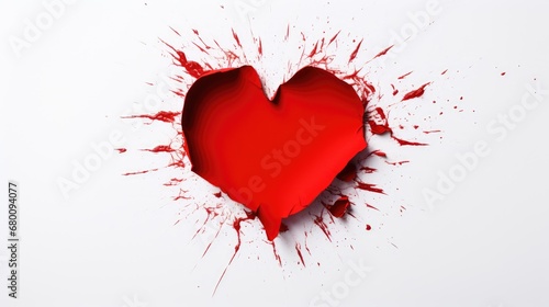 Emotional resonance: a striking image of a red heart-shaped hole torn in paper, isolated on a clean white background. Ideal for conveying love and the complexity of relationships photo