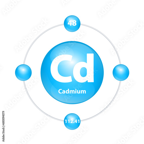 Cadmium (Cd) Icon structure chemical element round shape circle light blue with surround ring. Period number shows of energy levels of electron. Study science for education. 3D Illustration vector.