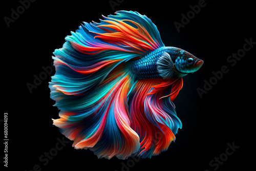 Shimmering bright and richly colored Betta fish with long, flowing fins against an isolated on black background.
