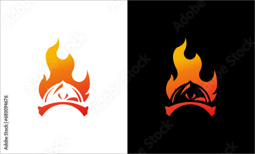 collection of firefighter helmets and fire logo design vector