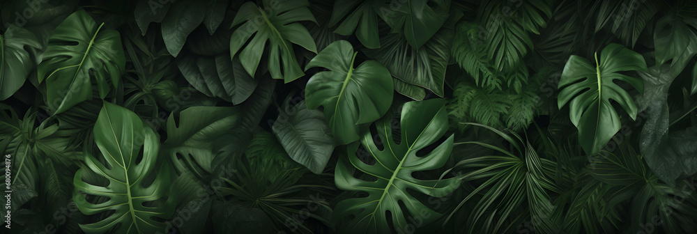 Background of dark green tropical leaves monstera, palm, coconut leaf, fern, palm leaf, banana leaf. Wide panorama backdrop wallpaper, concept of nature, generative ai