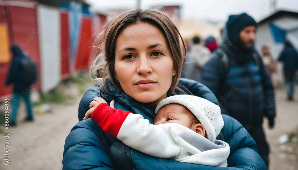 A young lady who is homeless is holding a baby