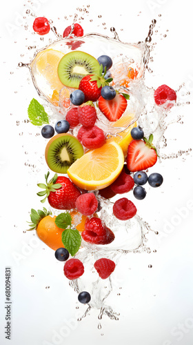 Fresh fruits falling in water splash isolated on white background  generative ai