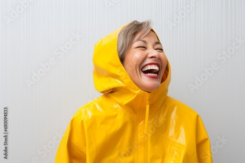 Portrait of a grinning woman in her 50s wearing a vibrant raincoat against a modern minimalist interior. AI Generation