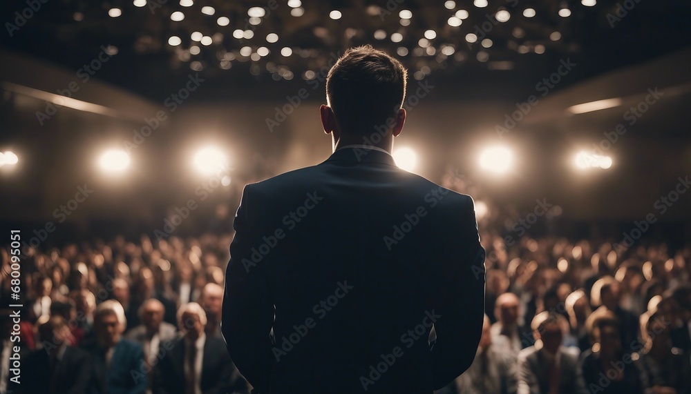 businessman standing comfortably in front of the audience. a male conference speaker - obrazy, fototapety, plakaty 