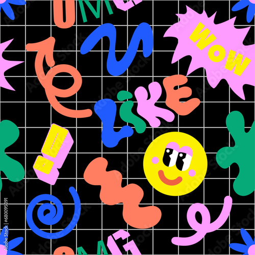 90 Cool Sticker Collage Pattern. Neon Color Print with Retro Millennium Style Patches. Cartoon Fun Smile Faces, y2k Style Vector Illustration. Funky art for T-Shirts, Wallpaper.