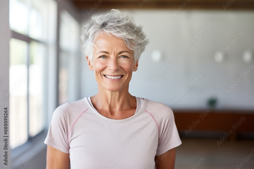 Portrait of a smiling woman in her 60s wearing a moisture-wicking running shirt against a modern minimalist interior. AI Generation Portrait of a smiling woman in her 60s wearing a moisture-wicking running shirt against a modern minimalist interior. AI Generation