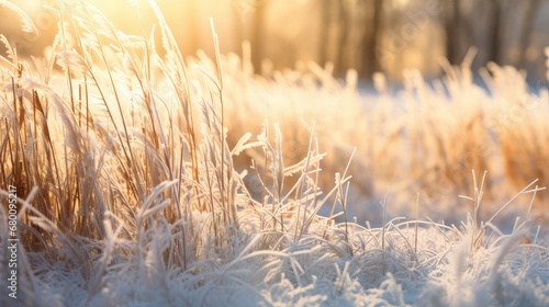  Winter s embrace  A serene scene of frosty grass in a snow-draped forest  touched by the morning sun  creating an inspiring and tranquil winter nature background.