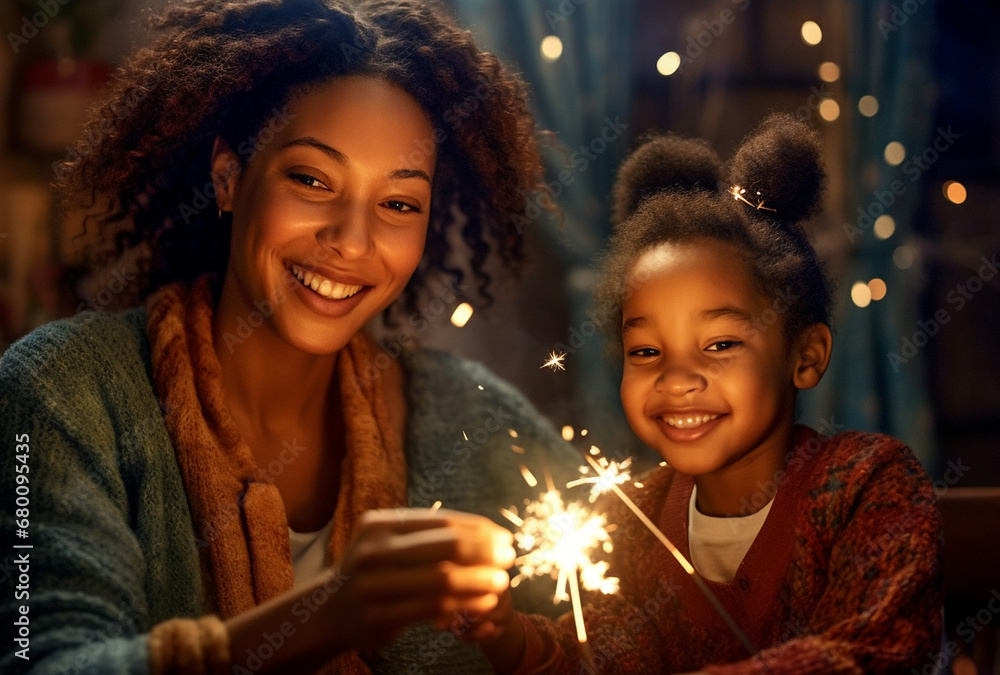 Joyful Moments Mother and Daughter Celebrating with Sparklers Joyful Moments Mother and Daughter Celebrating with Sparklers