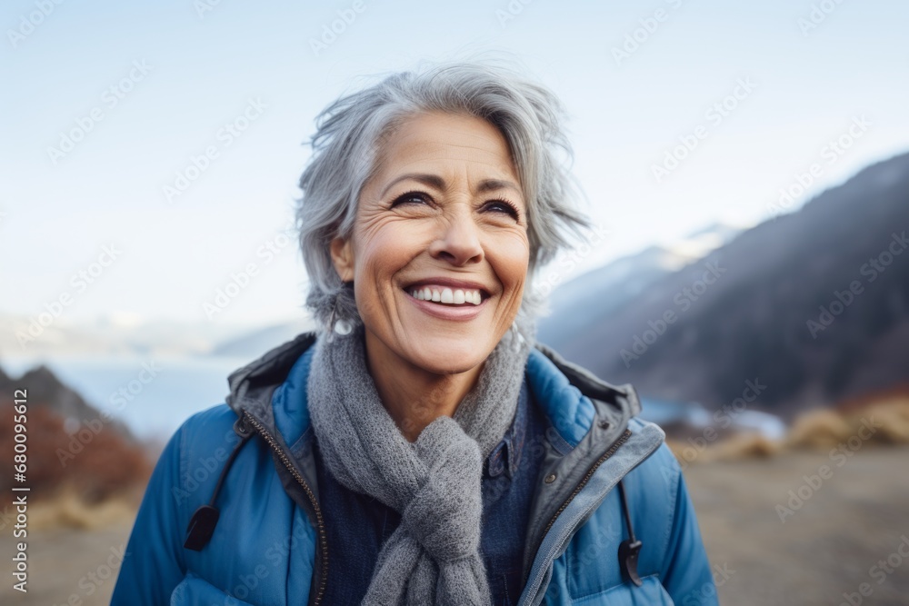Portrait of a grinning woman in her 60s sporting a rugged denim jacket against a snowy mountain range. AI Generation Portrait of a grinning woman in her 60s sporting a rugged denim jacket against a snowy mountain range. AI Generation