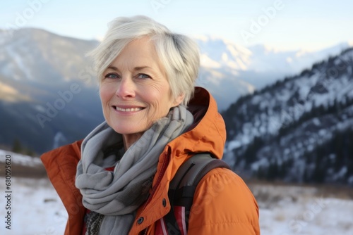 Portrait of a grinning woman in her 60s sporting a rugged denim jacket against a snowy mountain range. AI Generation