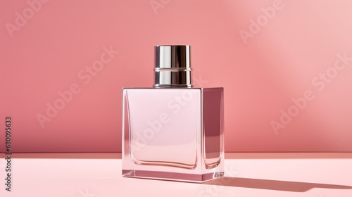 bottle with perfume on a pink background.
