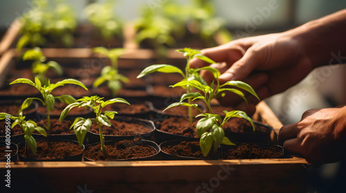 Hands plant pepper seedlings, Cultivation of agricultural crops of bell pepper in a greenhouse. Vegetable business. Spring work. Generative ai. photo