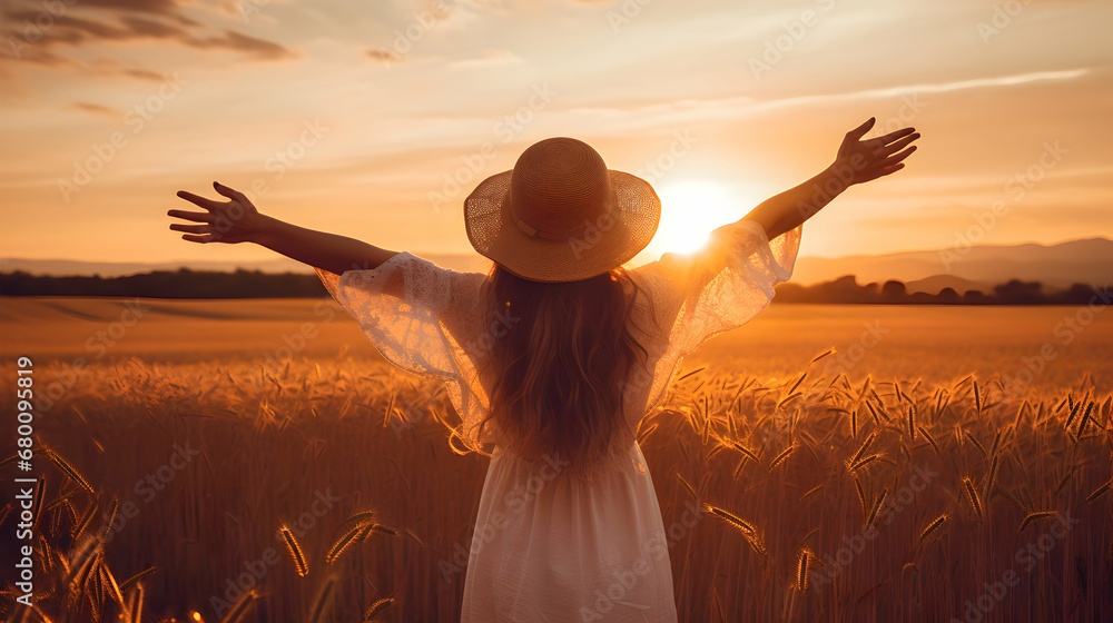 Happy woman feeling free on the sunset in nature in summer with open arms. Freedom and carefree enjoyment girl enjoying life, success, health, hope and faith concept. Generative AI. - obrazy, fototapety, plakaty 