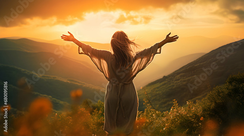 Happy woman feeling free on the sunset in nature in summer with open arms. Freedom and carefree enjoyment girl enjoying life, success, health, hope and faith concept. Generative AI. photo