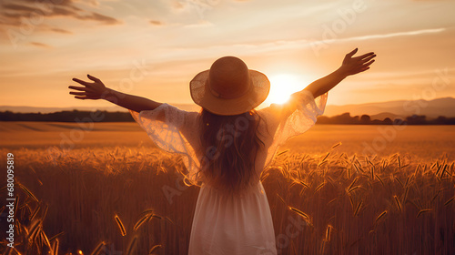 Happy woman feeling free on the sunset in nature in summer with open arms. Freedom and carefree enjoyment girl enjoying life, success, health, hope and faith concept. Generative AI. photo