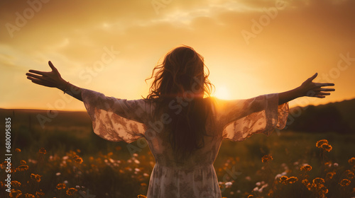 Happy woman feeling free on the sunset in nature in summer with open arms. Freedom and carefree enjoyment girl enjoying life, success, health, hope and faith concept. Generative AI.