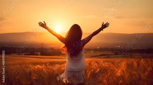 Happy woman feeling free on the sunset in nature in summer with open arms. Freedom and carefree enjoyment girl enjoying life, success, health, hope and faith concept. Generative AI.