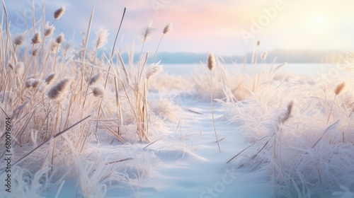 "Winter enchantment: A gentle landscape adorned with dry flowers, delicate snow crystals, and frost-kissed grass, capturing the serene beauty of the winter season for Christmas and New Year