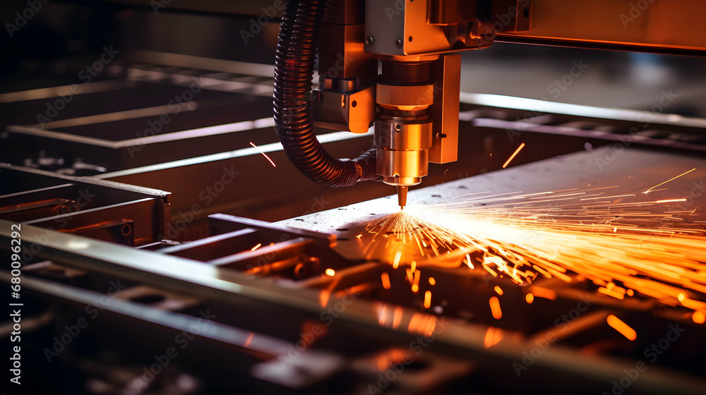 Industrial laser cutting processing manufacture technology of flat sheet metal steel material with sparks, generative ai - obrazy, fototapety, plakaty 