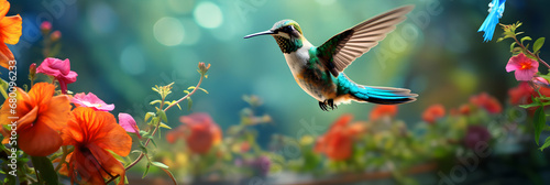 Hummingbird and bright summer tropical flowers on  background of blue foliage in a fairy garden. Macro artistic illustration, colorful wallpaper, generative ai