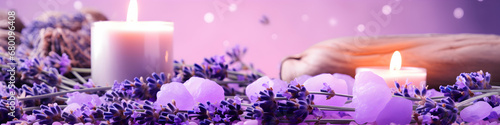 Lavender spa aromatherapy. Banner with flower salt  candles and freshly picked lavender flowers. Beauty salon composition  Header template  invitation card  generative ai