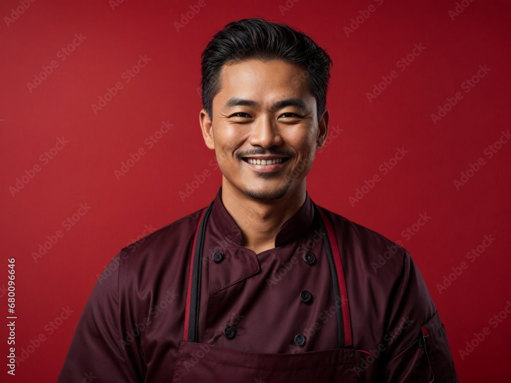 Portrait of a smiling asiatic male chef isolated on solid red background. Generated by A Portrait of a smiling asiatic male chef isolated on solid red background. Generated by A