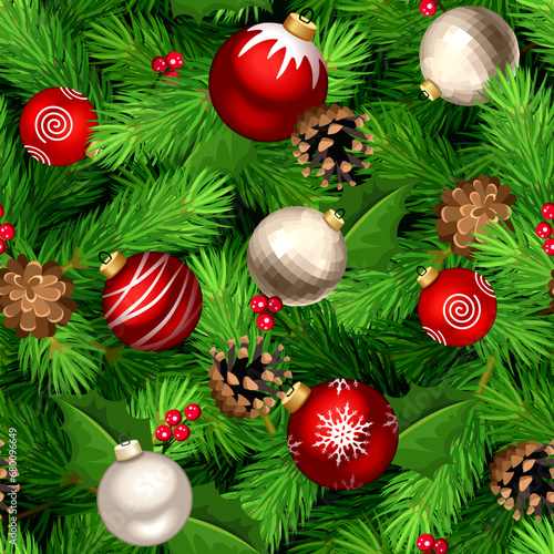 Christmas seamless background with green fir branches, red and silver Christmas balls, pine cones, and holly. Vector Christmas texture