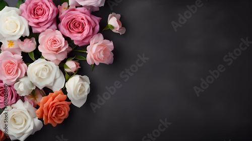 Colorful roses lie on a dark textured background, free copy space, top view, generative ai © pawczar