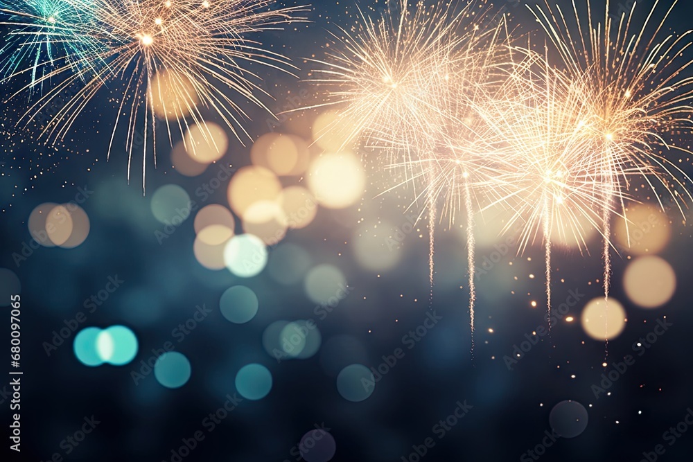 Fototapeta premium New year and xmas in style. Bright and festive holiday party with sparkling dazzling lights. Capturing magic of christmas. Night of joyful celebration with glowing lights and colorful fireworks