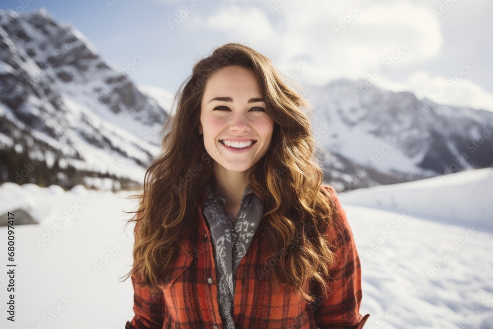 Portrait of a cheerful woman in her 20s dressed in a relaxed flannel shirt against a snowy mountain range. AI Generation Portrait of a cheerful woman in her 20s dressed in a relaxed flannel shirt against a snowy mountain range. AI Generation