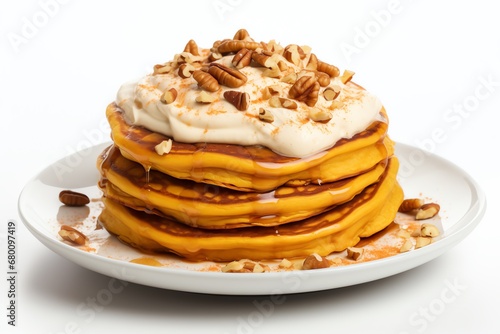 a stack of pancakes with whipped cream and pecans on top