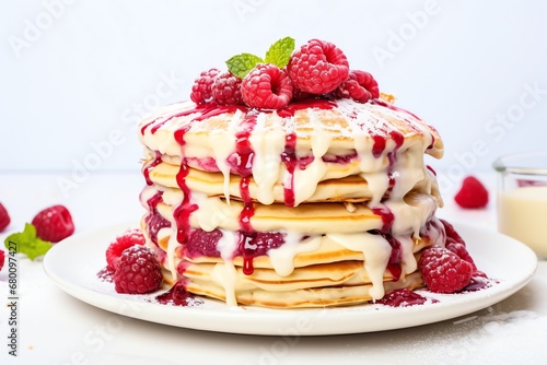 a stack of pancakes with raspberries and syrup on top
