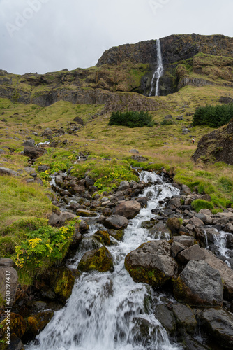 Scenic view of Bjarnarfoss waterfall and stream located on the south of Snæfellsnes peninsula, Iceland