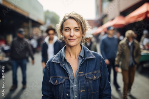 Portrait of a content woman in her 40s sporting a rugged denim jacket against a bustling farmer's market. AI Generation